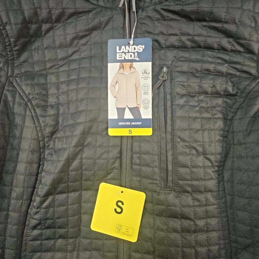 Lands End Jacket Womens S Black Quilted Hooded Full Zip Pockets Mock Neck - Picture 3 of 16